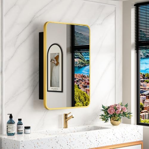 ACEMIRO 16x24 Inch Mirror Medicine Cabinet for Bathroom Gold Metal Frame Bathroom Medicine Cabinet with Mirror Recessed or Wall Mounted