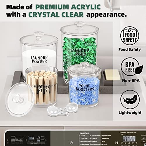 4 Pack Laundry Room Organization Jars - Laundry Storage Containers with Labels & Scoops Hold Pods, Powder, Scent Booster, Beads, Soap, Detergent - Great Laundry Organizer - Clear Acrylic