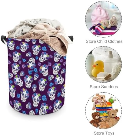 Collapsible Waterproof Laundry Basket Flowers And Skulls Purple, Portable Hamper with Handles for Clothes, Toys, and Home Organization