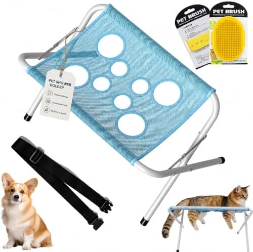 Foldable Pet Bathing Stand, Dog Grooming Hammock for Bathing (Blue) | Foldable Pet Bathing Stand with Quick-Dry 8-Hole Mesh, Stable Steel Grooming Rack for Washing and Nail Trimming