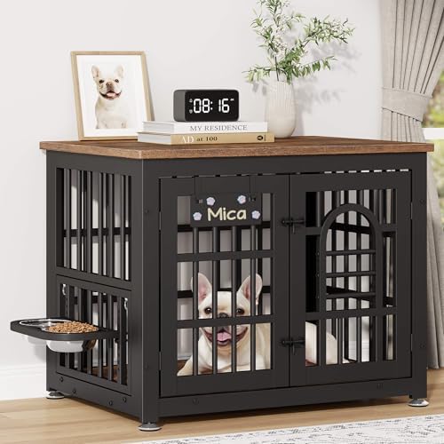 YaFiti 31.5" Dog Crate Furniture, Wooden Dog Kennel with Bowl, Rustic Brown | Adjustable 360° Rotating Feeder, Name Tag, for Small Dogs, Chew-Resistant, Heavy Duty, Side End Table, Decorative Pet Cage