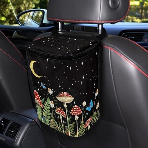 DISNIMO Moon Mushroom Car Trash Can Butterfly Automotive Garbage Bags with Lid Leak Proof Auto Car Dustbin Vehicle Trash Bin Container Waste Basket Car Accessories for Cars SUV