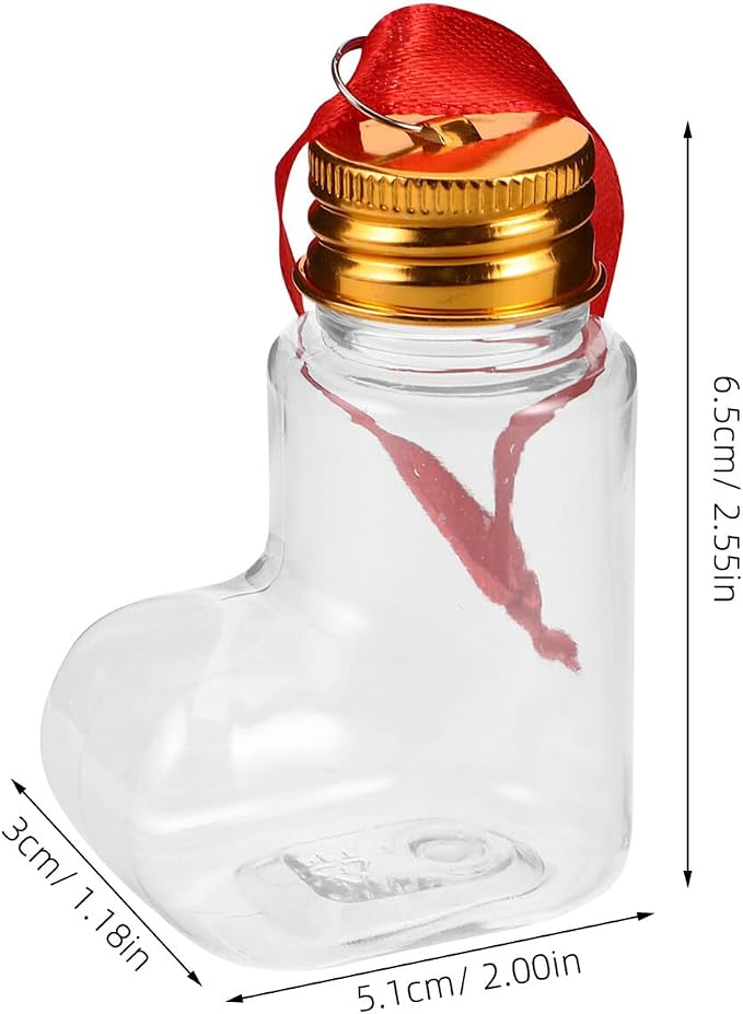 14pcs 50ml Pet Candy Bottles with Aluminum Caps and Red Hanging Strings – Sock-shaped Christmas Ornament Containers for DIY Holiday Tree Decorations and Candy Storage