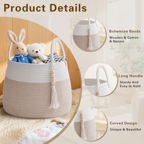 Large Nursery Hamper, 30L Blanket Basket with Handle, Baby Laundry Basket for Gift, Toy, Clothes, Woven Storage Basket with Wooden Bead Decor, Baby Hamper for Nursery (Black&Brown)