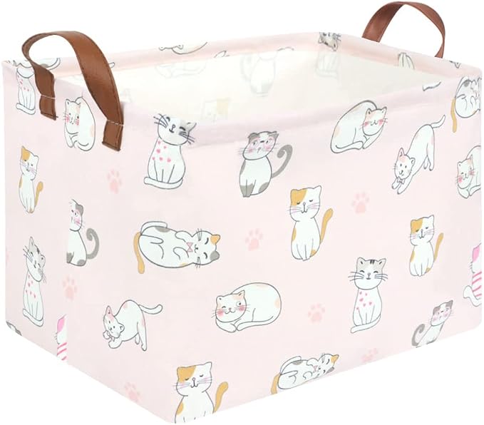 FXOLCSHE Rectangular Pink Cat Baskets,Cute Storage Basket Bin,Pink Gift Organizer,Empty Rectangular Cat Room Decor(Pink Cats)