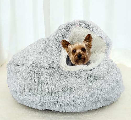 Dog Cave Bed for Small Dogs Cats Pets, Anti Anxiety Calming Plush Dog Beds, Fluffy Covered Hooded Cozy Burrow Puppy Beds, Anti-Slip Bottom Washable Pet Sleeping Bag (20" D, Grey)