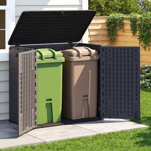 Horizontal Resin Storage Cabinet for Garage, 31 Cuft Waterproof Thickened Outdoor Resin Storage Shed with Floor & Lockable Double Doors for Patio, Garden and Trash Can, Black