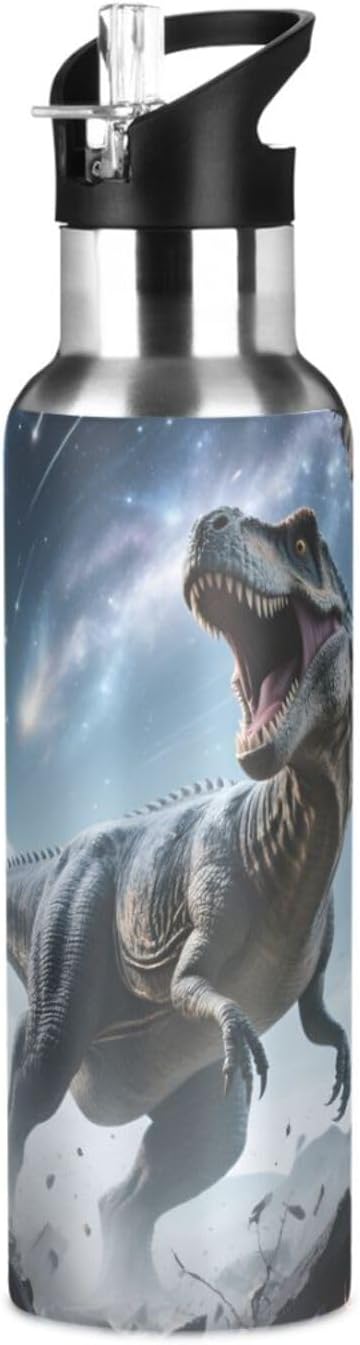 Dinosaur Galaxy Track Wall Water Bottle with Straw Lid Kids Insulated Stainless Steel Water Flask Sports, 20 Oz Hot Cold