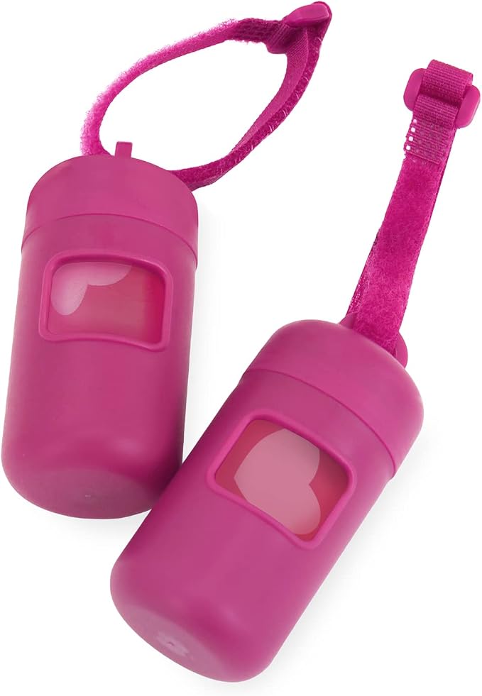 Best Pet Supplies Dog Poop Bag Holder Leash Attachment with Reusable Dispenser for Travel, Walking, Park, and Outdoor Use, Durable with Clip-On - Fuchsia, Pack of 2, Plastic Dispenser w/30 Bags