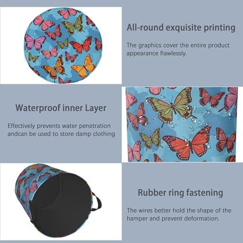 Colorful Butterfly Laundry Basket,Foldable Oxford Cloth Tote Bag Laundry Hamper Clothes Storage Bucket Organizer for Bedroom Laundry Storage Dormitories 16" x 20.8"