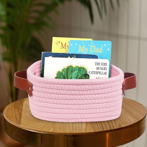 ABenkle Small Storage Basket, Mini Baskets, Cute Rope Woven Baskets for Organizing, Square Shelf Storage with Handle, Boho Decorative Toy Bin for Nursery, Spa, Empty Gift Basket - XS, Pink