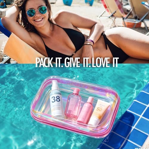 Clear Hard Shell Zipper Cases, 2 Pack, Iridescent | Water-resistant, crush-resistant PET shell protects toiletries, cosmetics, electronics, toys & baby items for travel and home