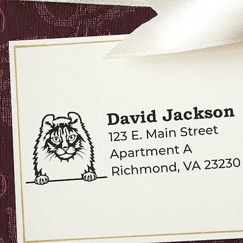 American Curl Cat Custom Return Address Stamp, Self-Inking Personalized Stamper for Event Invitations & Wedding Cards, Handcrafted Feline Design Mail Labels, Pet Owner Gift, 7/8 X 2-1/4 Rubber Seal