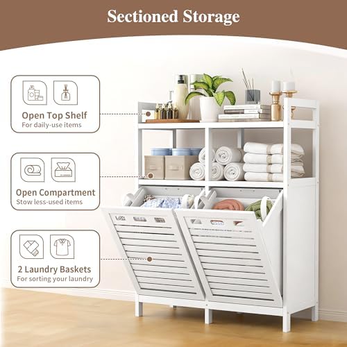 VASMIA Tilt Out Laundry Hamper Cabinet, Bamboo Double Laundry Hamper with 2 Removable Laundry Baskets, 20 Gal Laundry Sorter Organizer with Shelf for Dirty Clothes, Bathroom, Laundry Room, White
