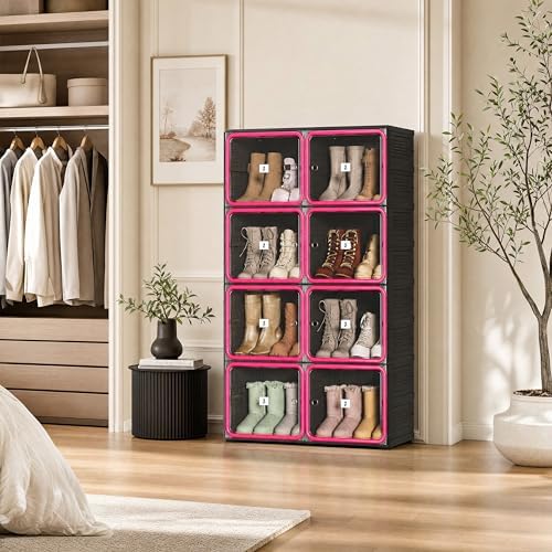 Shoe Rack Organizer, Shoe Storage Cabinet, Black 4-Tier 16-Pair | Foldable Shoe Rack for Closet with Transparent Magnetic Doors, Tool-Free Setup, Free Standing Boot Cabinet Box