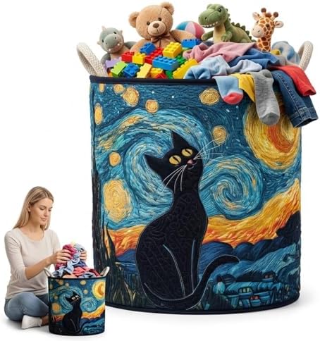 Collapsible Laundry Basket Large Laundry Hamper, Clothes Freestanding Storage Bin with Handles, Cute Starry Night Cat Gift for Cat Lovers Bedroom(14"x 18")