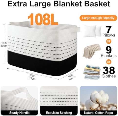 OIAHOMY 108L Extra Large Blanket Basket, 25”x16”x16” Rectangle Woven Cotton Rope Baskets for Living Room, Toy Storage with Handle- Gradient Black