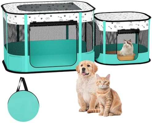 Portable Cat Playpen, 8-Rod Reinforced Kitten Dog Playpens, Foldable Play Pen for Indoor Cats Enclosed Pet Puppy Doggy Outdoor, Collapsible Tent Kennel Cage House(32"x24"x22")