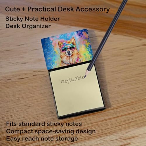 Caroline's Treasures Pomeranian Hippie Dawg Sticky Note Holder Refillable Dispenser Self-Sticky Note Pads, Memo Pads Blank Desk Accessories
