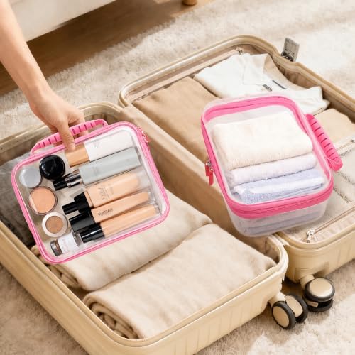 3 PCS Clear Zipper Pouches with Handle, Diaper Bag Organizer, Clear Makeup Bags Hardshell Toy Storage Bins with Zipper Toiletry Pouch Bag for Cosmetics Pencils Puzzles, Building Blocks(Pink)