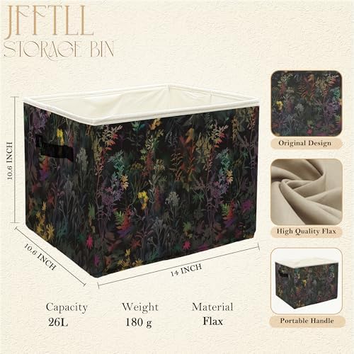 Dark Botanical Floral Storage Bins with Handles, Cottagecore Colorful Wild Flower Leaf Collapsible Laundry Basket Storage Box for Home Bedroom Bathroom Clothes Toys Books