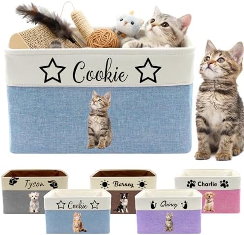Personalized Dog Toy Basket with Name Photo Custom Cat Storage Organizer Box Collapsible Pet Chest Bins Customized for Toys Clothing-Brown