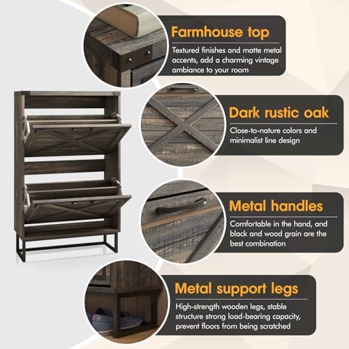 Maupvit 24" W Farmhouse Shoe Cabinet Storage for Entryway, Freestanding Organizer with 2 Flip Drawers, Narrow Shoe Rack Cabinet with Metal Corner Decoration, Dark Rustic Oak