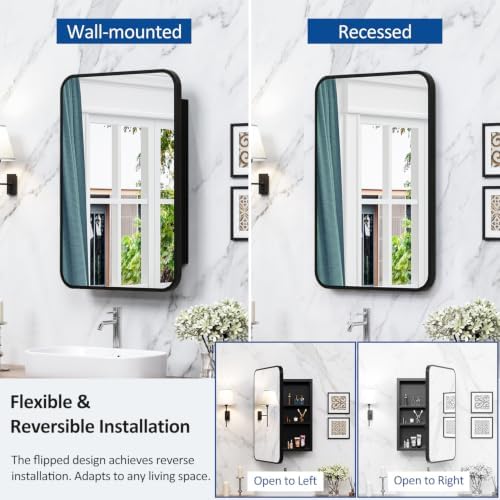 ACEMIRO 16x24 Inch Black Mirror Medicine Cabinet Metal Framed Recessed Wall Mounted Bathroom Medicine Cabinet with Mirror and Storage