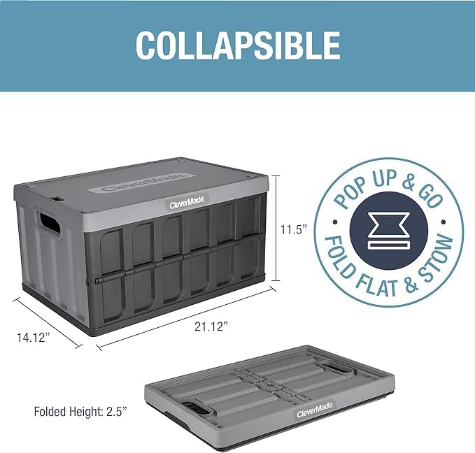 CleverMade Collapsible Storage Bin (With Lid) - 46L - Stone (3PK) | Keep Stored Items Covered and Stackable | Each Bin Holds 75 lb, the Lid Stores Underneath, and the Crate Folds to 2.5 Inches
