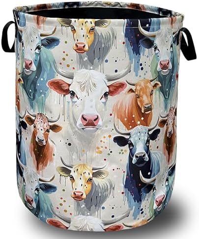 Watercolor Cows Laundry Basket Foldable Oxford Cloth Hamper 18.9"x16.5"