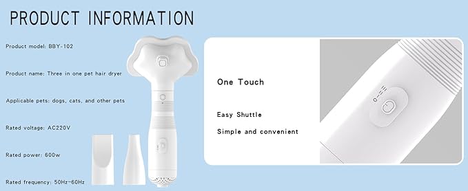 Dog Hair Dryer, 3-in-1 Cat Blow Dryer with Slicker Brush, 600W Pet Hair Dryer for Small and Medium-Sized Dogs and Cats, Dog Grooming Dryer Portable ＆ Adjustable Temperature,