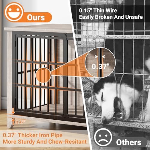 YaFiti 37.7" Wooden Dog Crate Furniture for Medium Dogs, Grey | Adjustable Feeder, 2 Bowls, Chew-Resistant, Heavy Duty, Dog Kennel Indoor, Decorative Side End Table, Pet Cage House