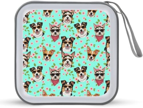 Portable CD/DVD Holder Dogs Flowers Floral, 40-Capacity Hard Case with Zipper, Protective Storage Binder for Music Movies Game Discs