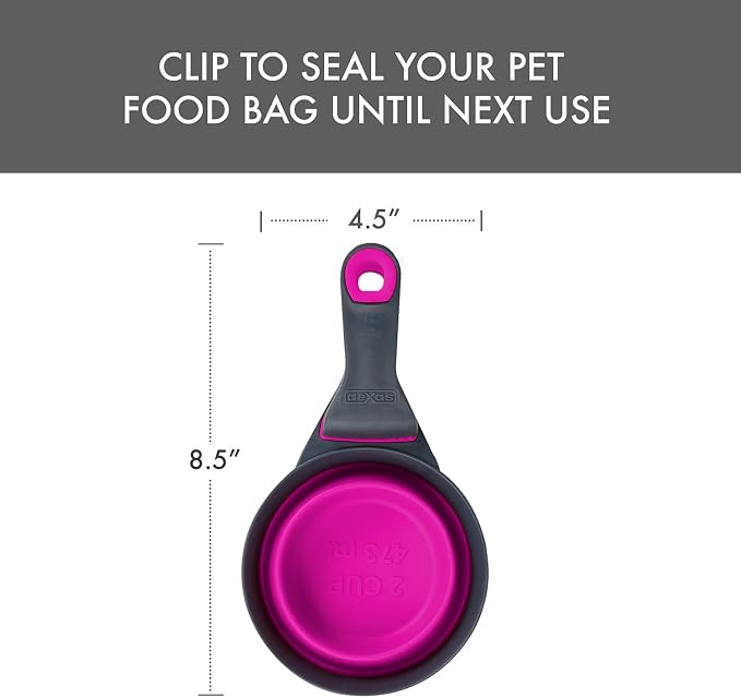 Dexas Popware for Pets Collapsible Klip Scoop, 3-in-1 Pet Food Scoop, Measuring Cup and Bag Clip, 2 Cup Capacity, Fuchsia