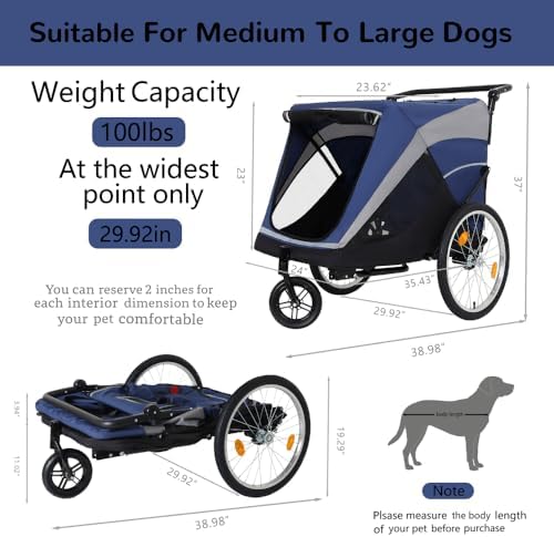 Pet Bike Trailer and Push Cart for Medium Large Dogs – Converts Between Towing and Walking Modes, Holds Up to 100 Lbs with Internal Leash and All-Weather Ventilation