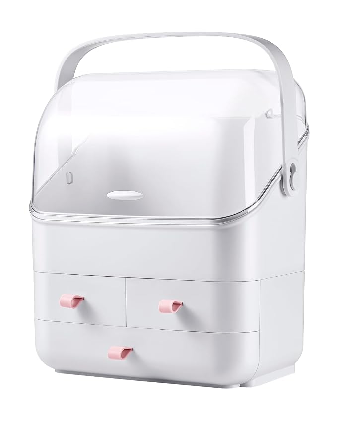 LINFIDITE Cosmetic Storage Box with Lid Makeup Organizer Box with Dust Free Cover Portable Handle,Large Makeup Display Case with Drawers Fully Open Lid,Great for Dresser Bathroom Countertop