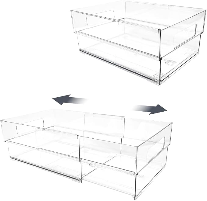 Isaac Jacobs 2-Pack Clear Expandable Storage Bins - Medium | 11"-19" L x 8.5" W x 4.8" H, Plastic Organizer with Cut-Out Handles, Adjustable Length from 11-19" for Home, Kitchen & Office