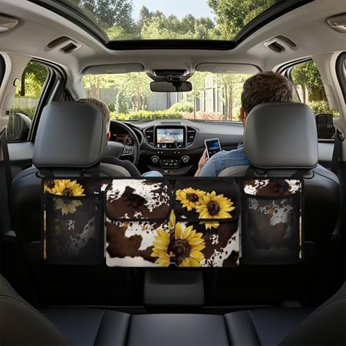Dreaweet Sunflower Brown Cow Print Car Trunk Organizer for Sedan Collapsible Backseat Trunk Organizer Large Capacity Car Storage Bag with 4 Pocekt,Car Organizers and Storage Trunk for SUV Truck Van