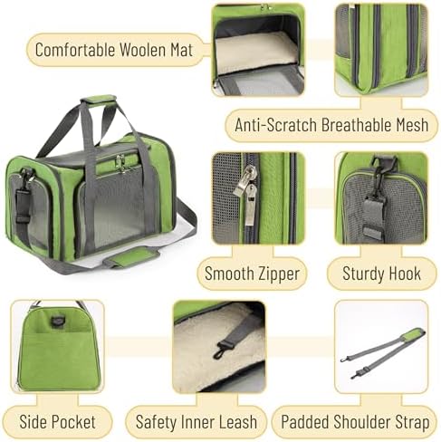 Mr. Pen- Pet Carrier, 17.5" x 11.2" x 11.5", Medium Size, Green | Portable Travel Carrier for Small Pets, Cats & Small Dogs, Breathable Mesh, Safety Inner Leash