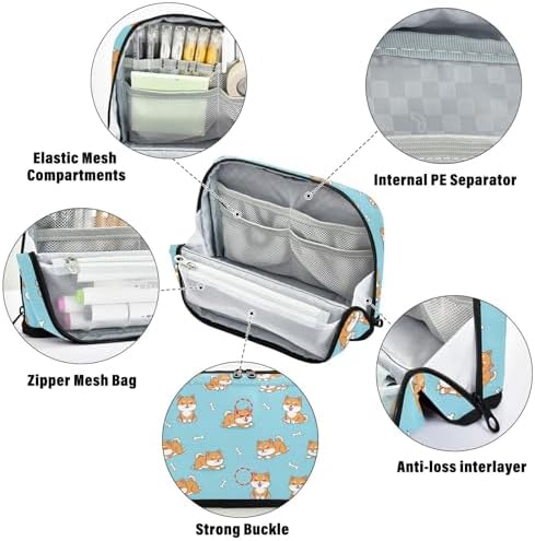 Emelivor Pets Dogs Shiba Blue Print Large Capacity Pencil Case Stand Up Pencil Pouch for School Office Aesthetic Pen Organizer Bag with Pockets Portable Stationery Bag for Kids Adults Boys Girls