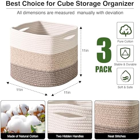 ICERZCZ 11 Inch Cube Storage Bins, Storage Cube Organizer Bins, Woven Cotton Rope Baskets for Storage, Storage Basket for Organizing Shelves, Square Baskets for Toys, Gradient Brown (Pack of 3)