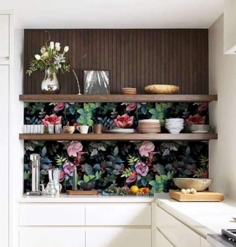 HAOKHOME Adhesive Shelf Liner Black Purple Floral Kitchen Drawer Liners | Peel and Stick Contact Paper Vintage Botanical Bathroom Cabinets Cupboard Dresser Drawers Furniture Decorative 17.3in x 6.5ft