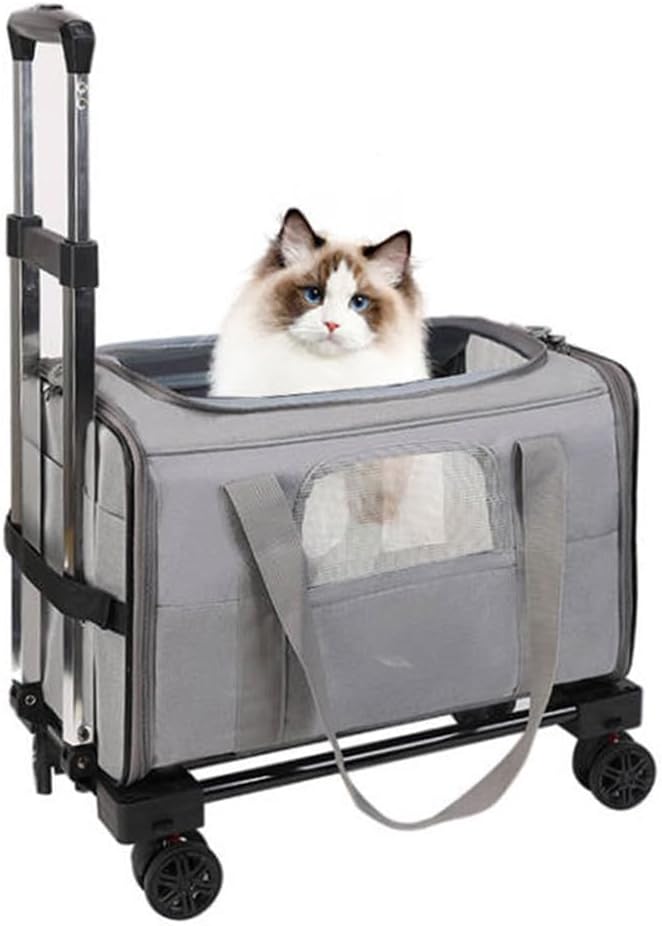 Pet Trolley Bag, Detachable Rolling Carrier for Small Dogs Cats Portable Pet Travel with Telescopic Handle and Shoulder Strap, for Airplane Car (Gray with Gray Edges)