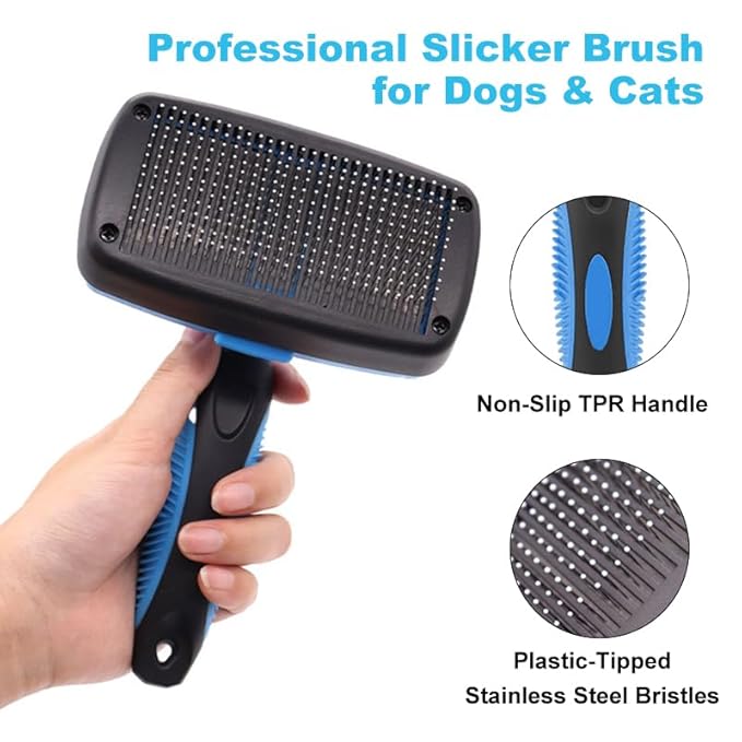 Self Cleaning Slicker Brush for Dogs & Cats, Gentle Deshedding and Hair Removal Tool for Long & Short Haired Pets, Easy Push Button, Blue