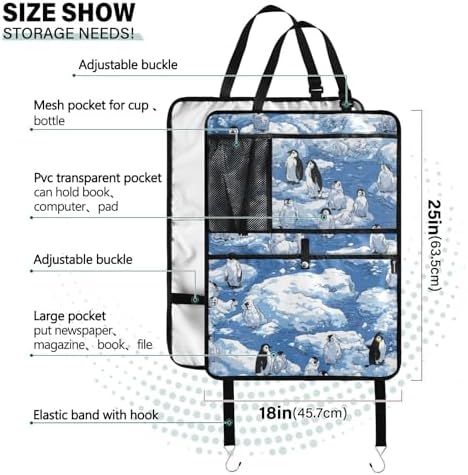 2 Pack Back Seat Car Organizer with Storage Pockets Kick Mats Back Seat Protector Hanging Car Organizer Automotive Seat Back Cover Organizers Blue Penguins Ice Flowers Snow