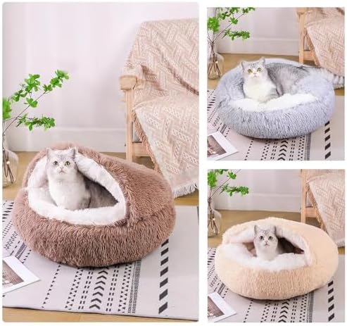 Round Fluffy Hooded Cat Bed Cave, Anti-Anxiety Cave Bed with Blanket | Hooded Cat Bed Cave, Cozy Cuddler Luxury Puppy Pet Bed, Anti-Slip Bottom and Machine Washable