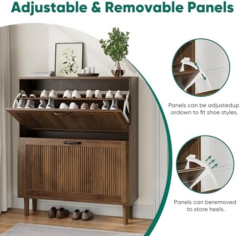 Kiasthome 2 Tier Entryway Shoe Storage Cabinet Closed Space Saving Hidden Shoe Organizer with Ribbed Doors Freestanding for Hallway Bedroom Walnut Finish (Walnut, 31.5")