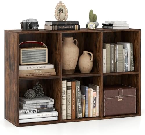 Giantex 6-Cube Bookcase, 3-Tier Cubby Bookshelf, Horizontal Vertical Display Rack with Anti-Tipping Kits, Modern Storage Organizer Shelf Unit for Living Room, Home Office, Rustic Brown | Horizontal Vertical Display Rack with Anti-Tipping Kits, Modern S...