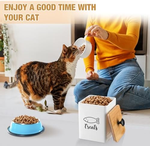 Jingmore Metal Airtight Cat Food Containers Set of 3 with Bamboo Lids and Spoon 7+3+2 Lbs Cat Treat Storage Container Countertop with DIY Labels Pet Cookie Organizer Jars for Kitchen Counter(White)
