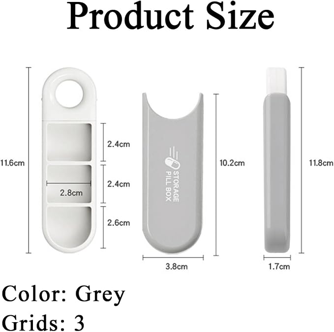 Cute Pill Organizer, Small Size Pill Case Dispenser with Pull Tab | 3 Compartment Compact Portable Daily Medicine Box for Vitamins, Medications, Fish Oils, Supplements, Capsules, Gray